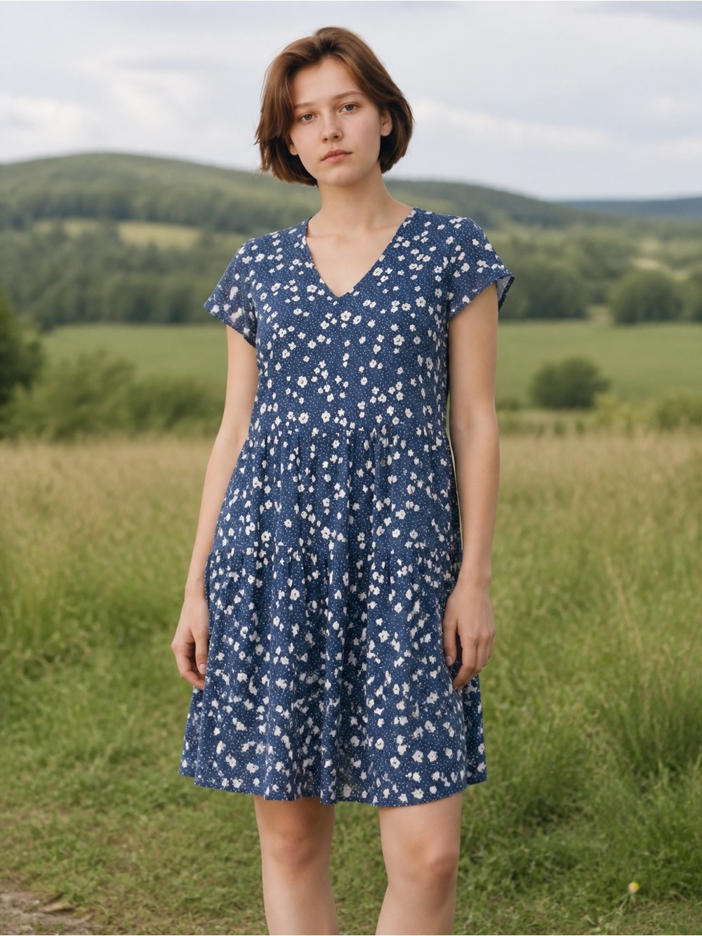 by & by Navy Blue Floral V-Neck Babydoll Mini Dress